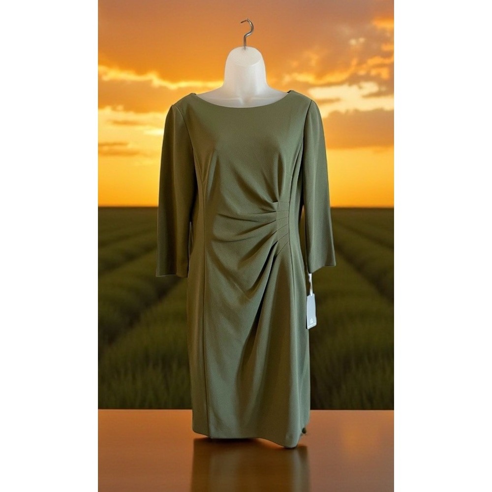 New‎ Preston & York Green Ruched Waist 3/4 Sleeve Sheath Dress Size 8